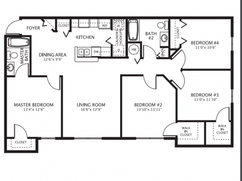 Floor plan for 3 beds, 2 baths, 1199 sqft